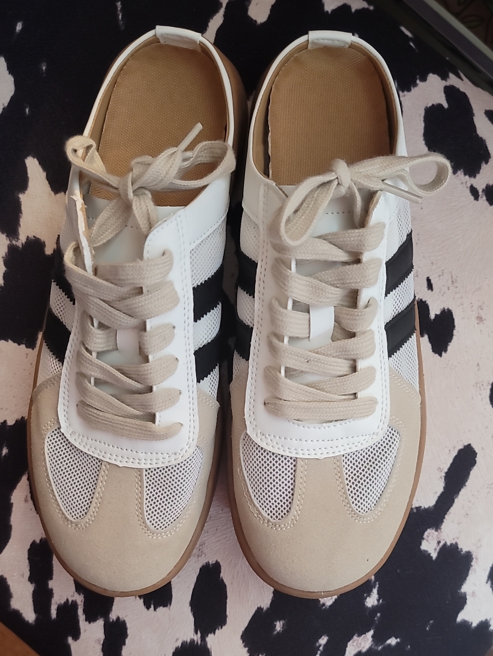 Women's White and Beige Lace-Up Sneakers with Black Stripes